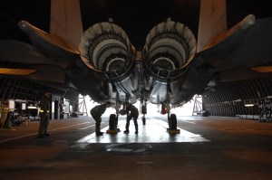 Preflight inspection of a USAF F-15E Strike Eagle from the 494 FS at Royal Air Force Base Lakenheath. Photograph by Airman Erika Brooke