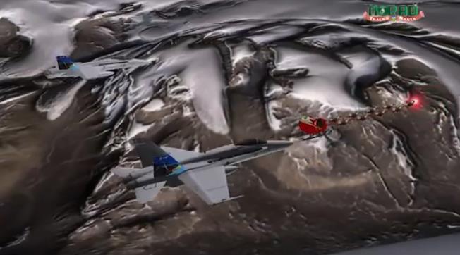 A screenshot of a Santa Tracker video from a previous year. The jet featured is a CF-188 Hornet of the RCAF.