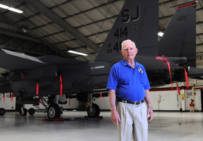 Retired Lt. Col. Robert Pardo in front of a 333rd Fighter Squadron F-15E Strike Eagle during a tour of Seymour Johnson Air Force Base, North Carolina, Oct. 10, 2014. Pardo is known for his “Pardo’s Push” maneuver as a 433rd Tactical Fighter Squadron F-4 Phantom pilot stationed at Ubon Royal Thai AFB, Thailand, when he saved another F-4 aircrew from having to eject in North Vietnam by pushing their plane in the air over the Laotian border and into relative safety. (U.S. Air Force photo/Airman 1st Class Ashley J. Thum) 