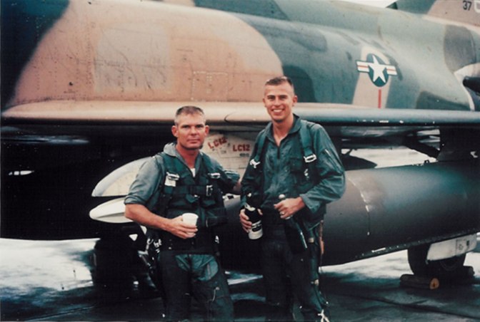 Capt. John Robert "Bob" Pardo and 1st Lt. Steve Wayne after Wayne's 100th mission (USAF photograph)