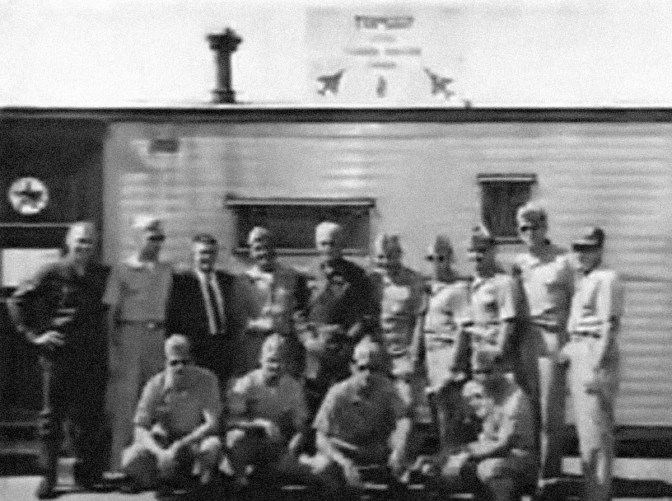 The original TOPGUN portable trailer and the first instructor staff at the prestigious school, 1969. US Navy photograph.