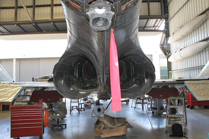 The view down the engine exhausts. The strong and sturdy tail hook is retracted to keep it out of the way.