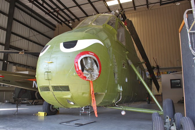 The UH-34D 'Chocksaw' has menacing eyes painted on the front. These were in use on the US Marine Corps machines during the Vietnam war.