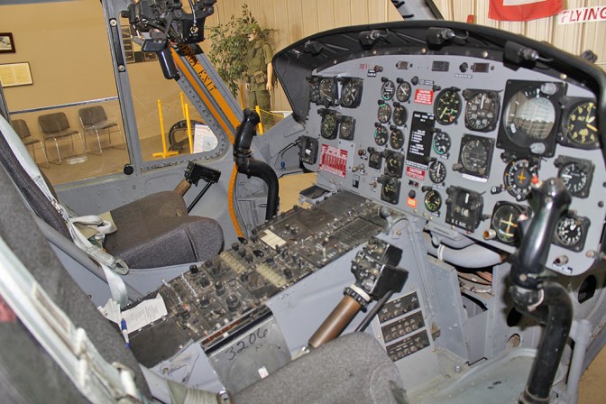 The cockpit of the UH-1 'Huey'. Great care and attention to detail is shown in the restoration.