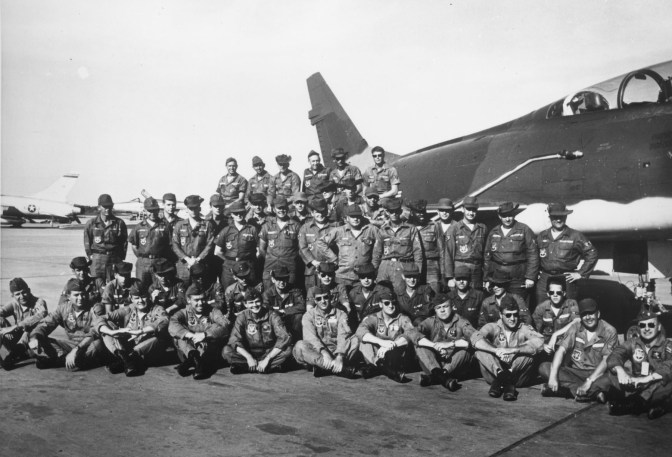 The pioneers—Wild Weasel Detachment, 6234th Tactical Fighter Wing, Korat, Thailand. The first Wild Weasel aircrews are (front, l to r): Capt. Walt Lifsey, Capt. Sandy Sandelius, Capt. Ed White, Maj. Garry Willard, Capt. Jack Donovan, Capt. Allen Lamb, Capt. John Pitchford, Capt. Maury Fricke, unknown and Maj. Bob Swartz (not pictured are Capt. Les Lindenmuth, Capt. Donald Madden and Capt. Robert Trier). (U.S. Air Force) 