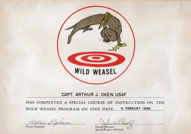 Certificate for Capt. Arthur Oken, who flew F-100F Wild Weasels out of Korat. (U.S. Air Force) 
