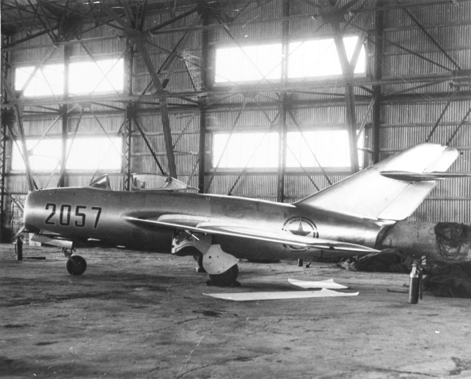 The Mikoyan Gurevich MiG-15bis of North Korean Senior Lt. No Kum-Sok in a hangar at Kimpo air base, South Korea, on 21 September 1953. Kom-Sok, who had long before decided to escape to South Korea, suddenly landed downwind at Kimpo Air Base near Seoul, South Korea, greatly surprising the personnel there. Within a day the plane was flown to Okinawa, today it is on display at the Museum of the United States Air Force in Dayton, Ohio. (USAF Photograph/Released).