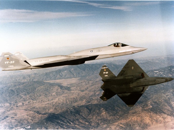 The only two Northrop-McDonnell Douglas YF-23 prototypes in flight. (U.S. Air Force photograph/released)