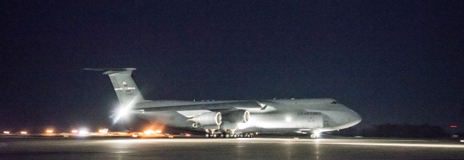 A C-5M Super Galaxy from the 22nd Airlift Squadron takes off from Travis AFB, California early April 3, 2015. The flight, which lasted approximately one hour, claimed 45 aeronautical records, positioning the U.S. military's largest airframe as the world's top aviation record holder with a total of 86 world records. (U.S. Air Force photo/Ken Wright)