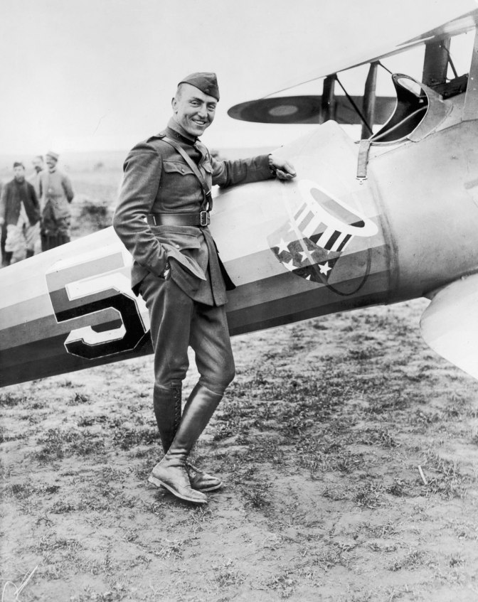 Eddie Rickenbacker with his Nieuport 28. Upon reporting to the 94th Aero Squadron, Rickenbacker was initially given an unarmed Nieuport as his primary aircraft, though soon after, it was outfitted with the standard double Vickers machine guns. (U.S. Army archival photograph)