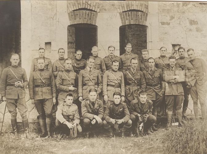 Pilots of the 94th Aero (Pursuit) Squadron in France, June 1918. Captain Edward V. "Eddie" Rickenbacker stands in the center row, fourth from the right. (U.S. Army archival photograph)
