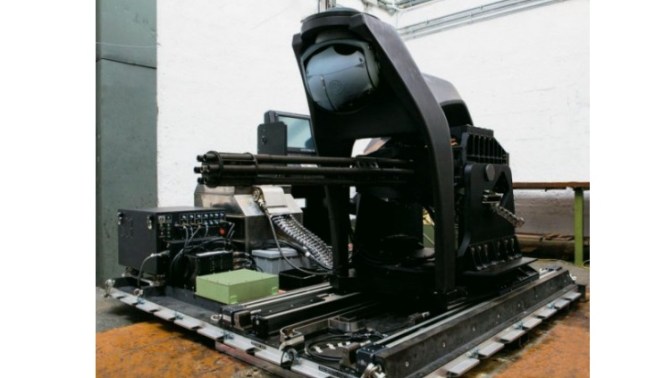 The palletized gunship system. Visible above the M61A1 cannon is the Selex electro-optical pod (Copyright OTO Melara)