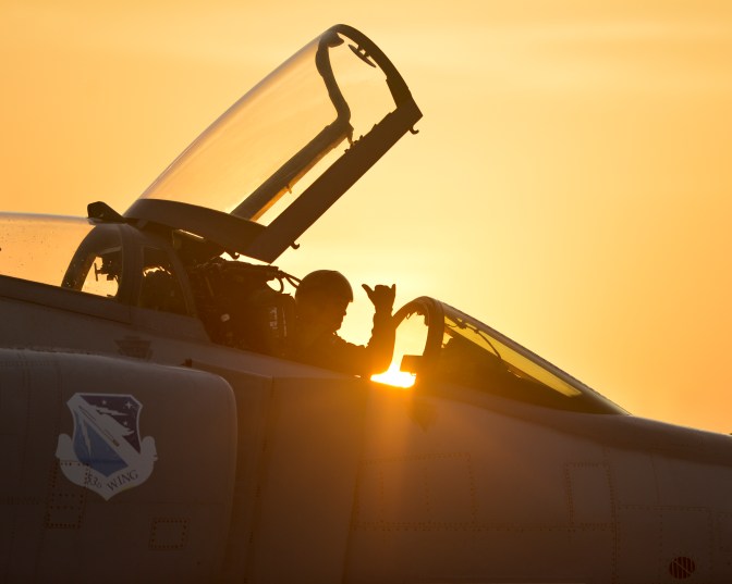 Lt. Col. Todd Houchins, 53rd Test Support Squadron commander, pilots the last 82nd Aerial Target Squadron QF-4 Phantom on Tyndall Air Force Base during the final take off, July 24. The QF-4 Phantom will travel to Holloman Air Force Base, N.M. (U.S. Air Force photo by Tech. Sgt. Javier Cruz/Released)