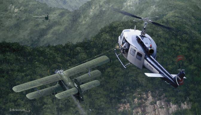 A painting of Woods firing at one of the Colts during the Huey's pursuit. This particular painting, completed by Keith Woodcock, hangs in a place of honor at the Central Intelligence Agency's headquarters in Langley, Virginia.