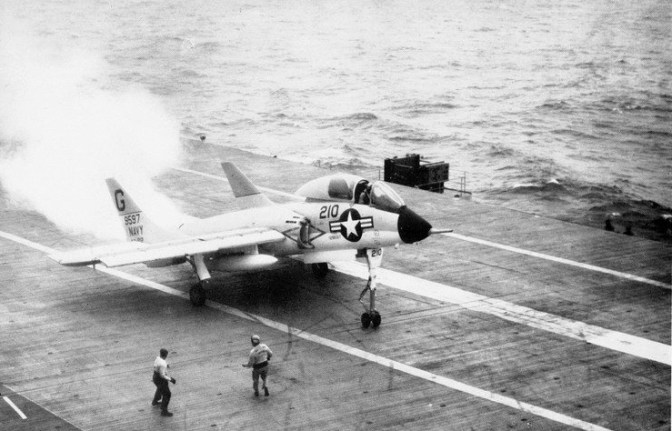 A U.S. Navy Vought F7U-3 Cutlass (BuNo 129597) from Attack Squadron VA-212 "Rampant Raiders" aboard aircraft carrier USS Bon Homme Richard (CVA-31). (US Navy/released)