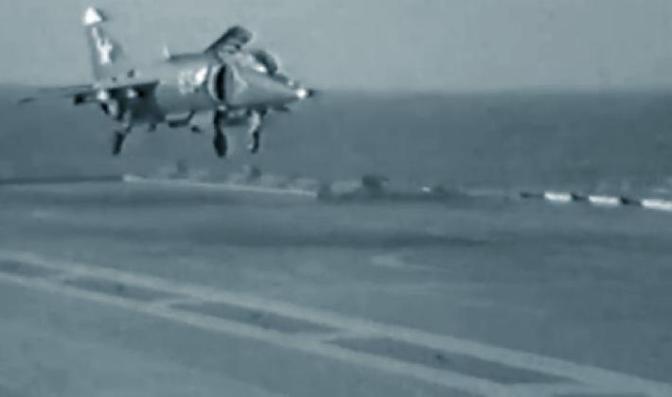A Yak-38 during an SRVL-type landing aboard a Soviet carrier.
